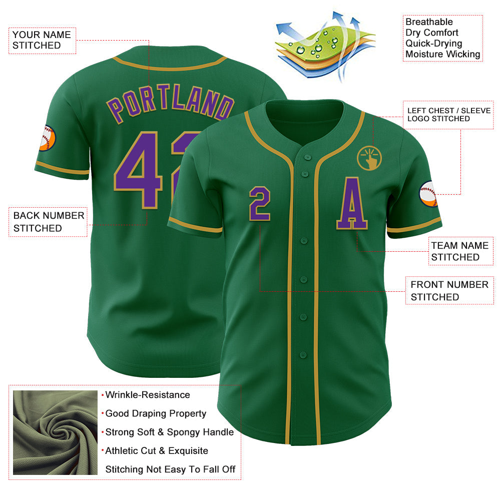 Custom Kelly Green Purple-Old Gold Authentic Baseball Jersey view 2