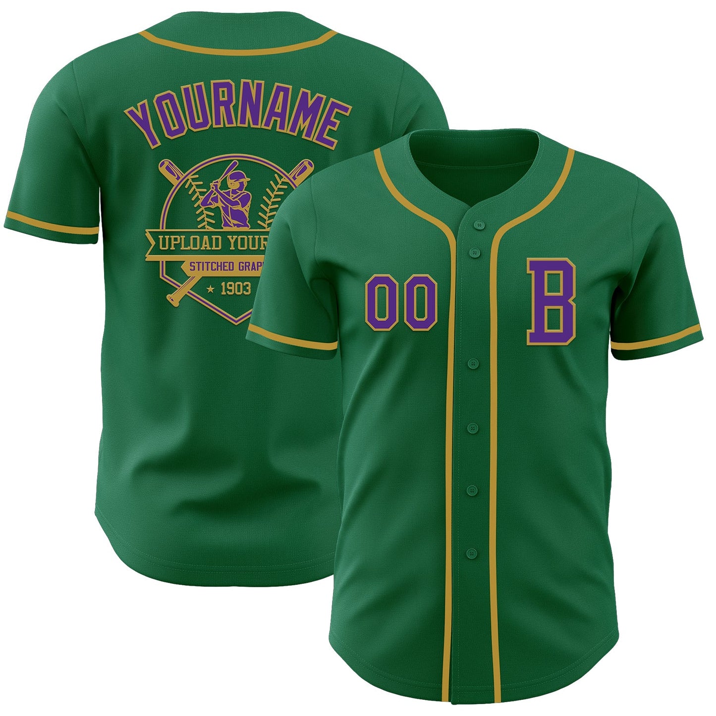 Custom Kelly Green Purple-Old Gold Authentic Baseball Jersey view 5