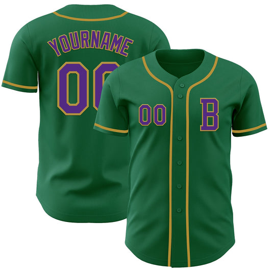 Custom Kelly Green Purple-Old Gold Authentic Baseball Jersey - Main View