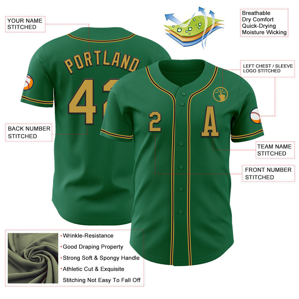 Custom Kelly Green Old Gold-Black Authentic Baseball Jersey view 2
