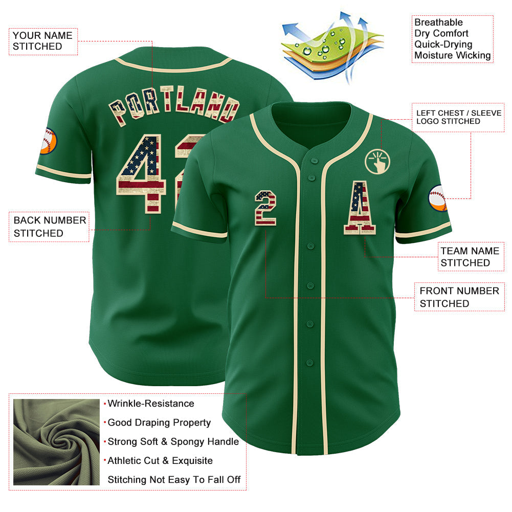 Custom Kelly Green Vintage USA Flag-Cream Authentic Baseball Jersey view 2