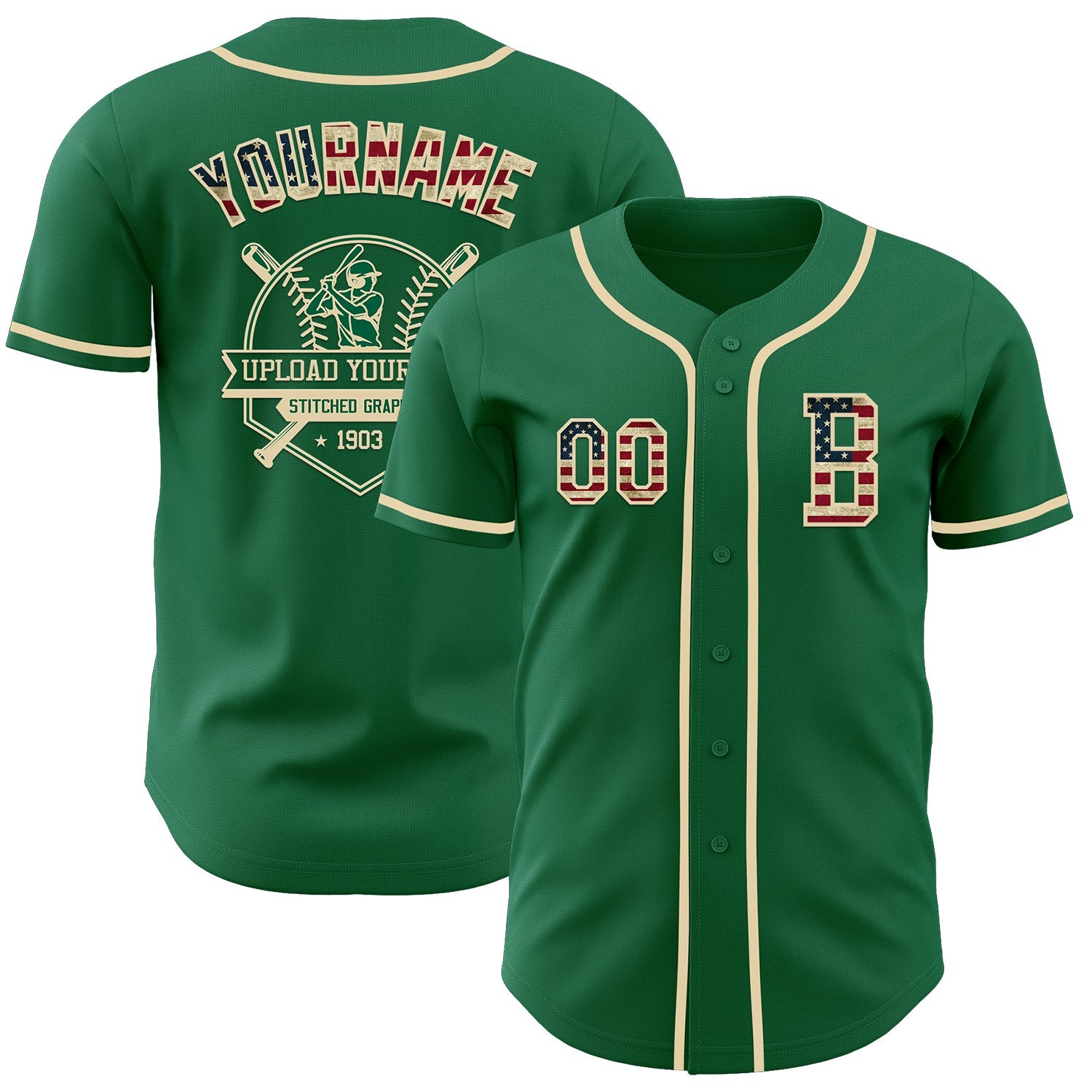 Custom Kelly Green Vintage USA Flag-Cream Authentic Baseball Jersey view 5