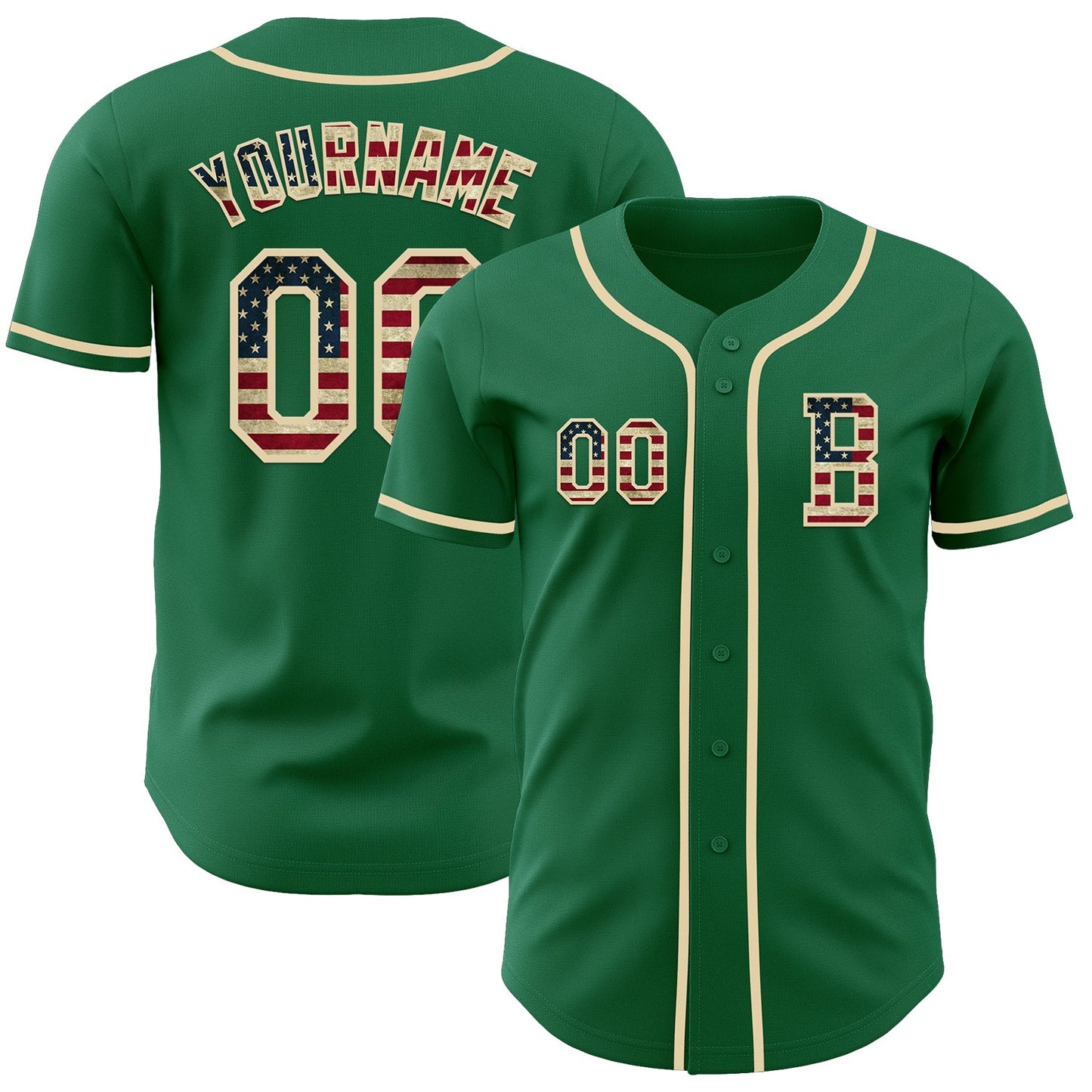 Custom Kelly Green Vintage USA Flag-Cream Authentic Baseball Jersey - Main View