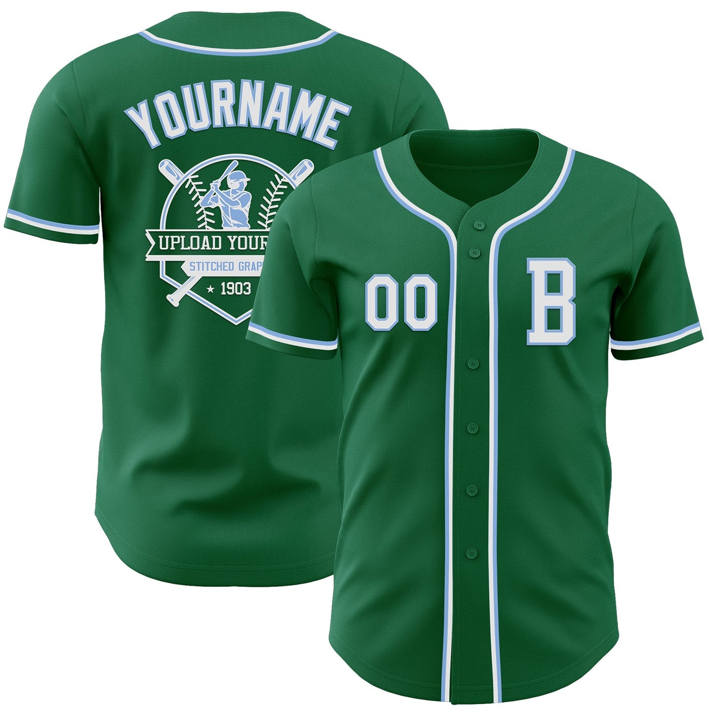 Custom Kelly Green White-Light Blue Authentic Baseball Jersey view 5