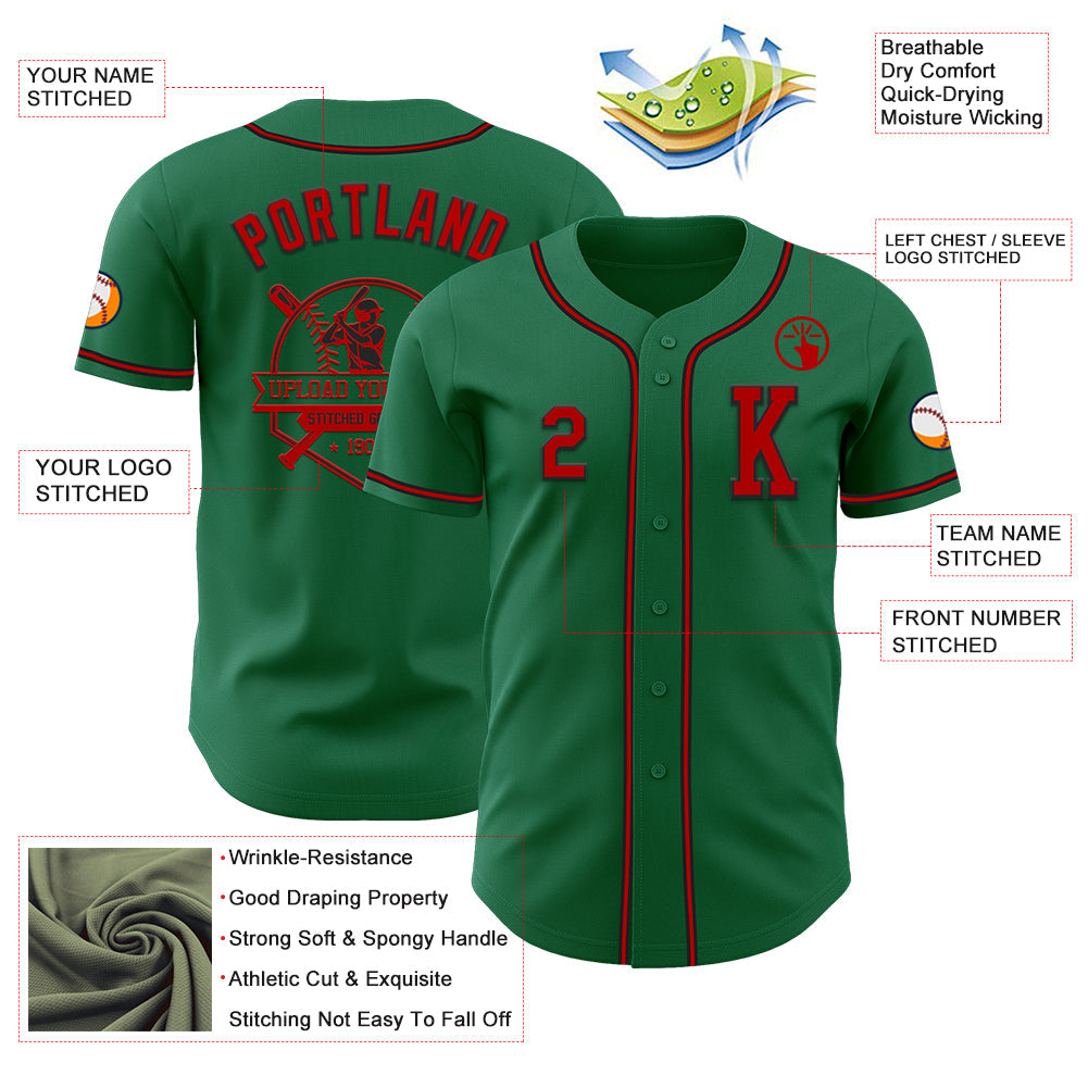 Custom Kelly Green Red-Black Authentic Baseball Jersey view 6