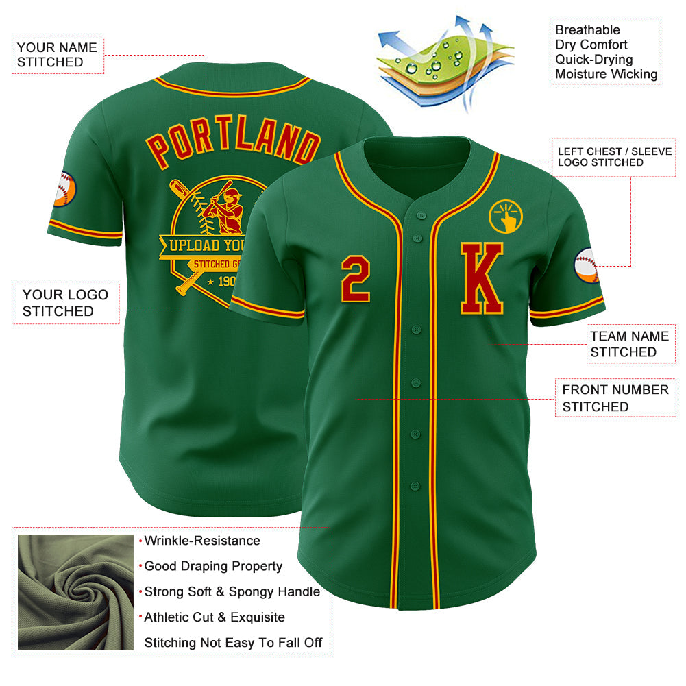 Custom Kelly Green Red-Gold Authentic Baseball Jersey view 6