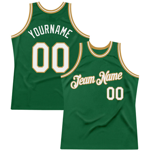 Custom Kelly Green White-Old Gold Authentic Throwback Basketball Jersey - Main View