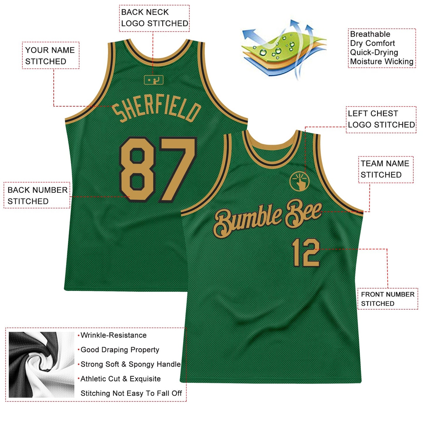 Custom Kelly Green Old Gold-Black Authentic Throwback Basketball Jersey view 2