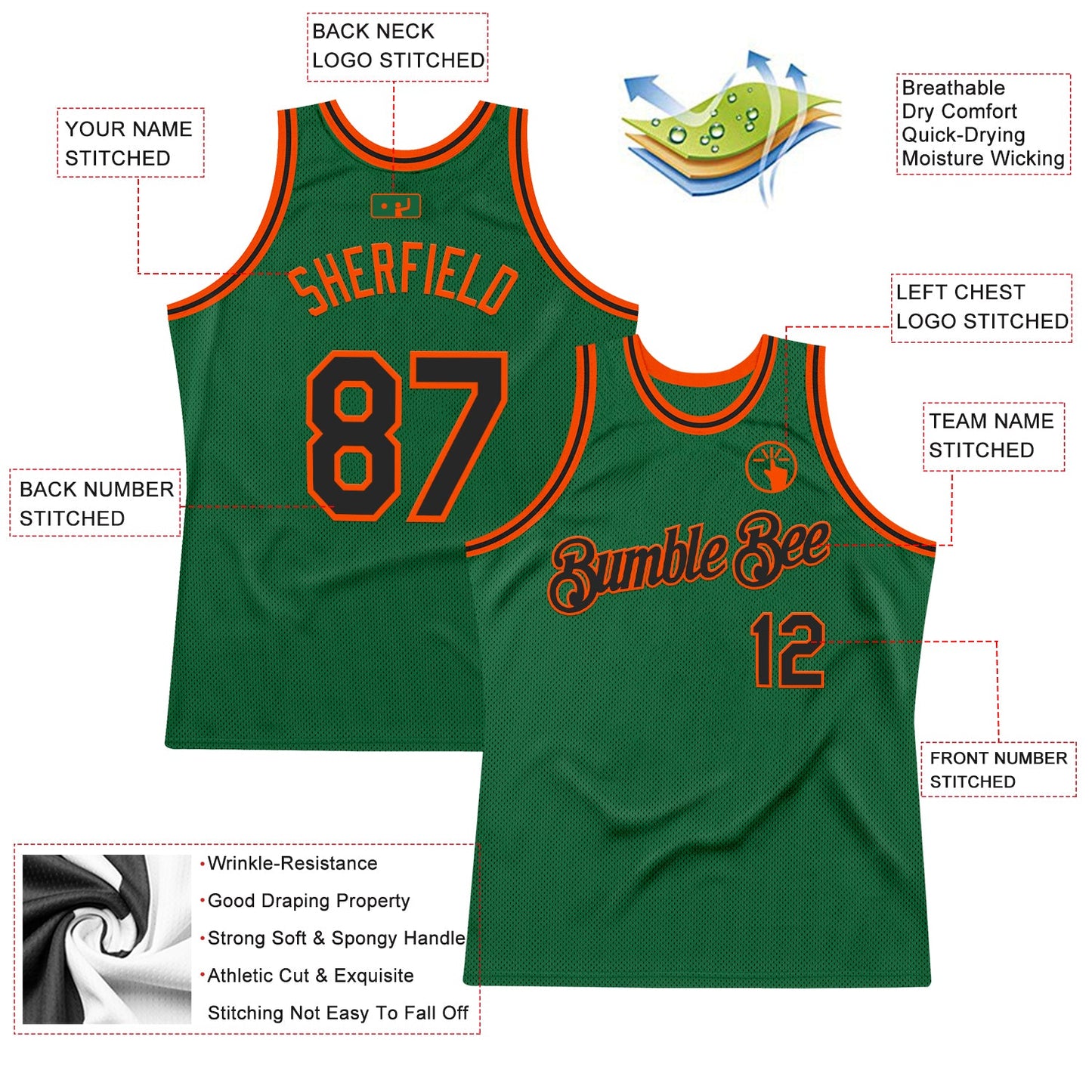 Custom Kelly Green Black-Orange Authentic Throwback Basketball Jersey view 2