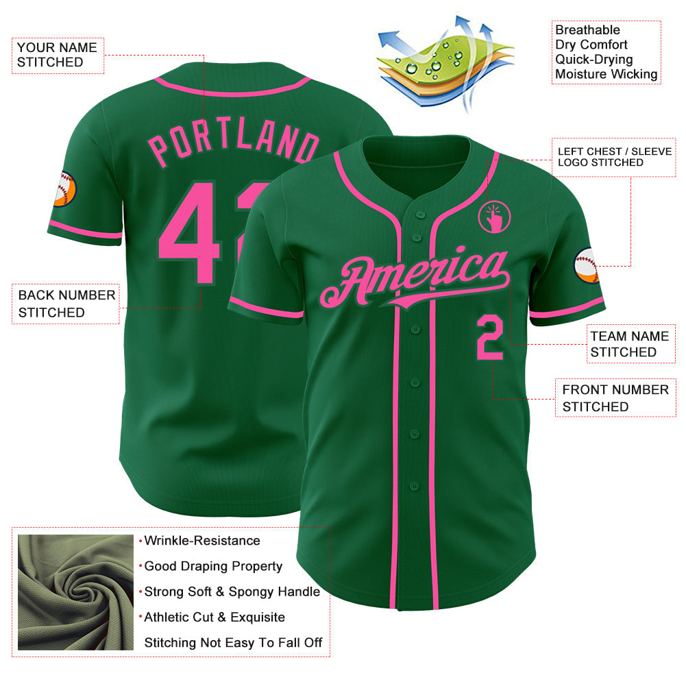 Custom Kelly Green Pink Authentic Baseball Jersey view 3
