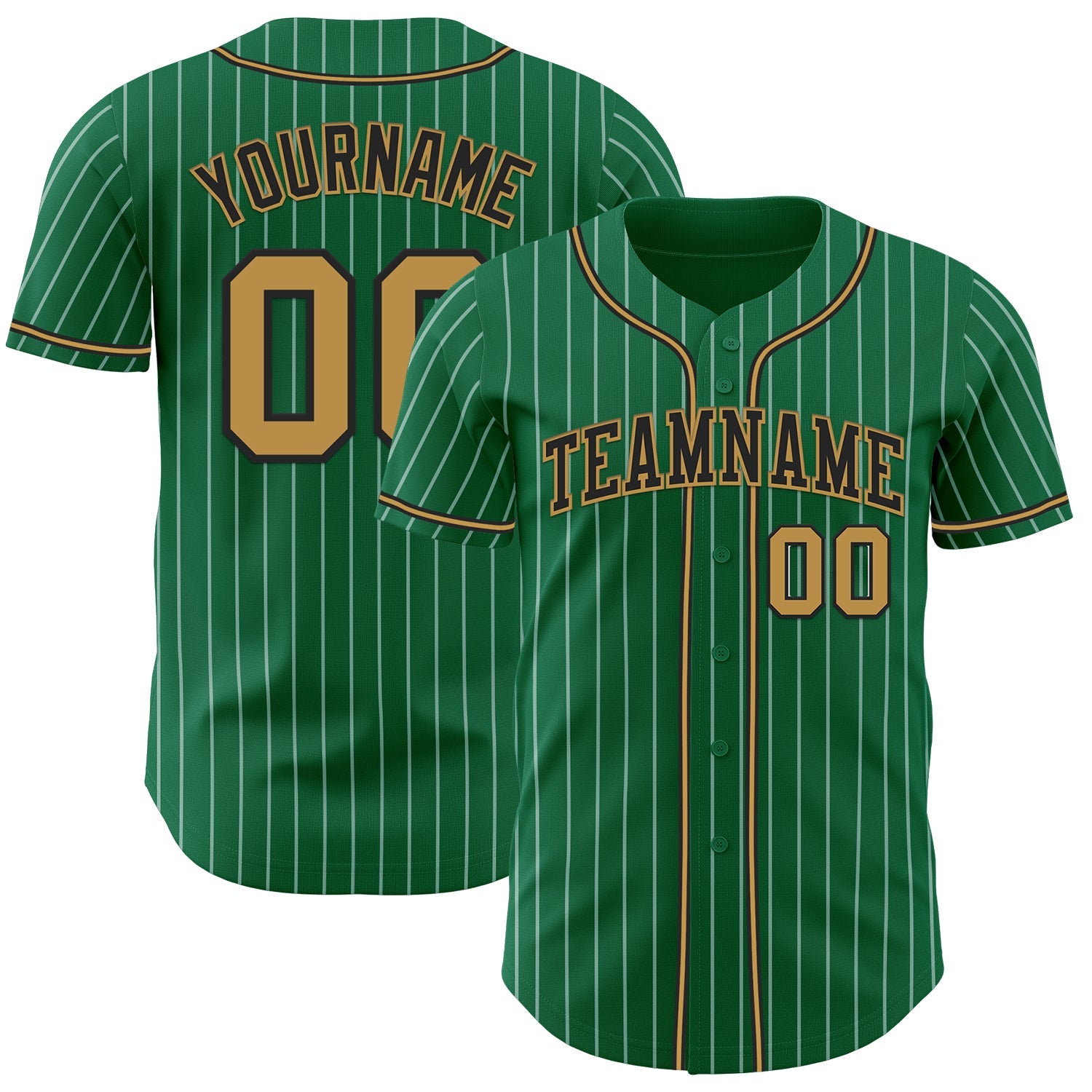 Custom Kelly Green White Pinstripe Old Gold-Black Authentic Baseball Jersey - Main View