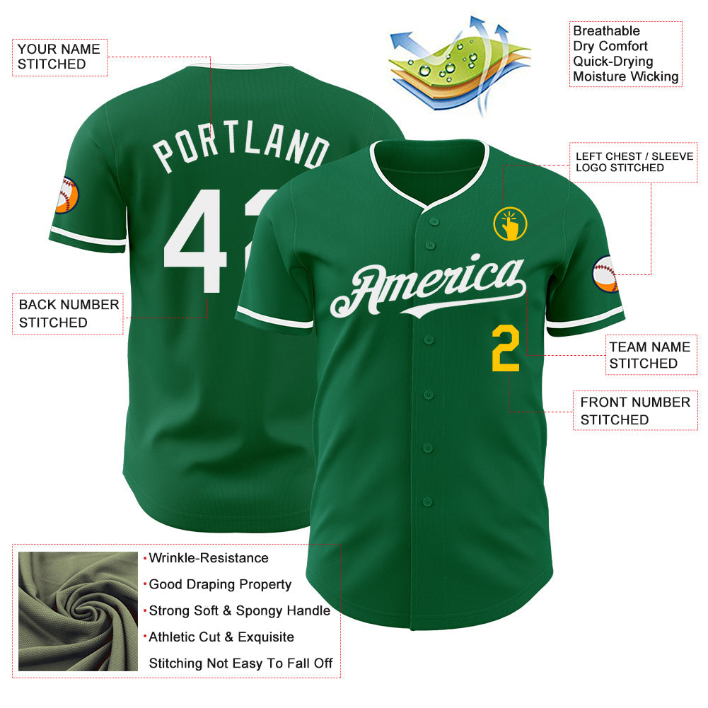 Custom Kelly Green White-Yellow Authentic Baseball Jersey view 3