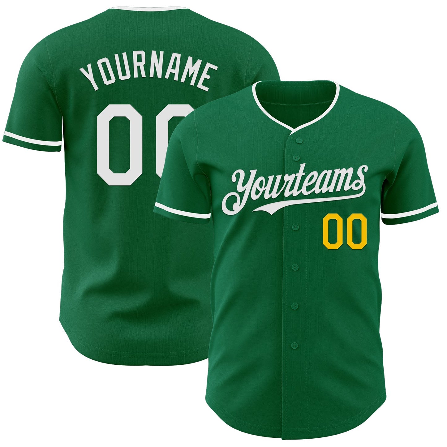 Custom Kelly Green White-Yellow Authentic Baseball Jersey - Main View