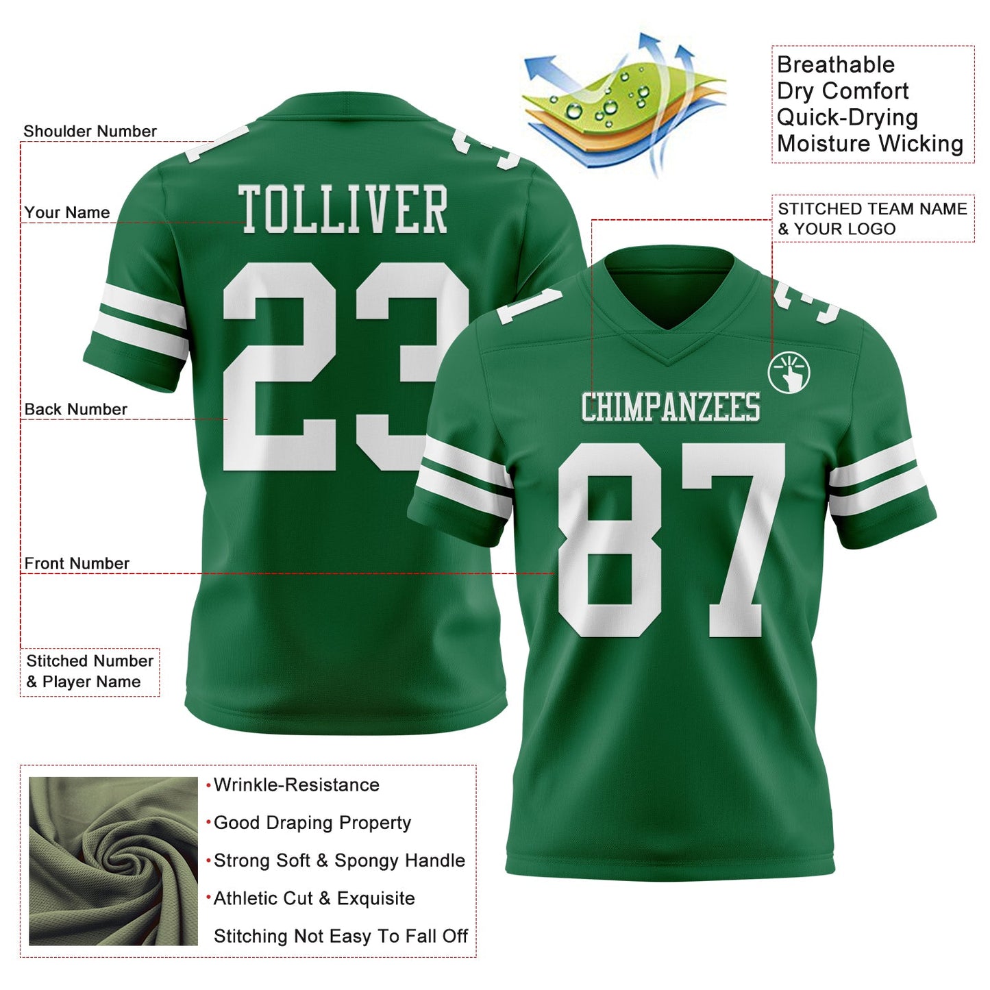 Custom Kelly Green White Authentic Football Jersey view 3