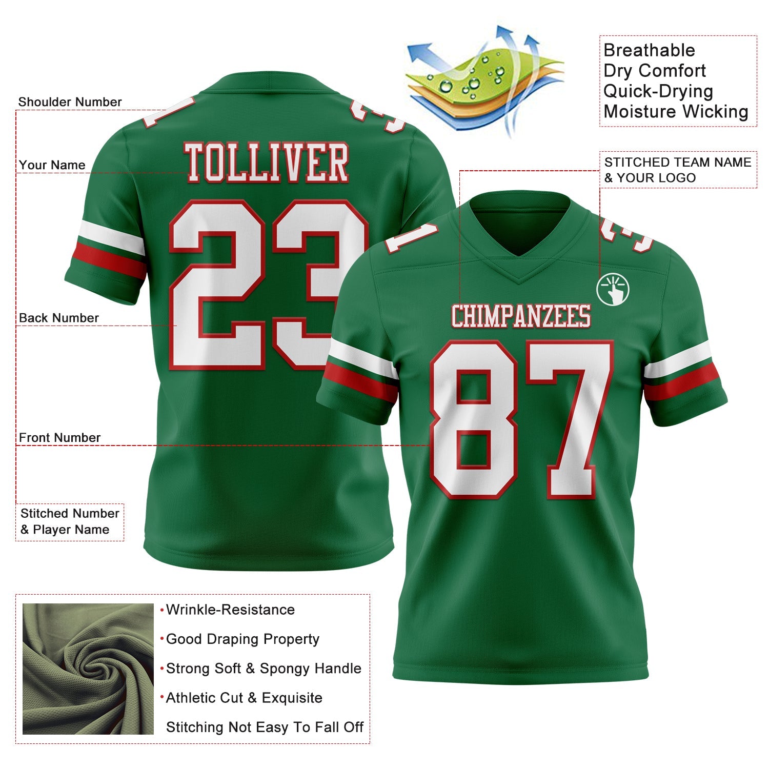 Custom Kelly Green White-Red Authentic Football Jersey view 3
