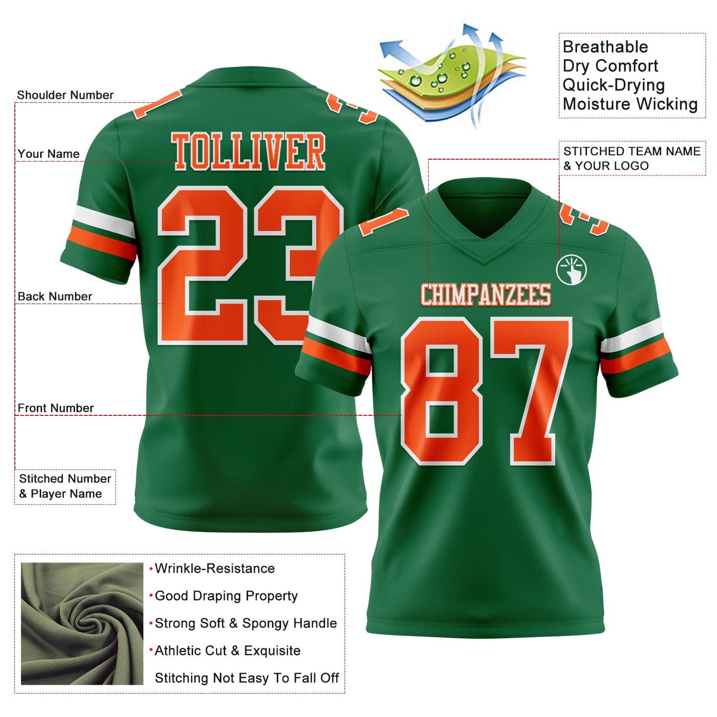 Custom Kelly Green Orange-White Authentic Football Jersey view 3