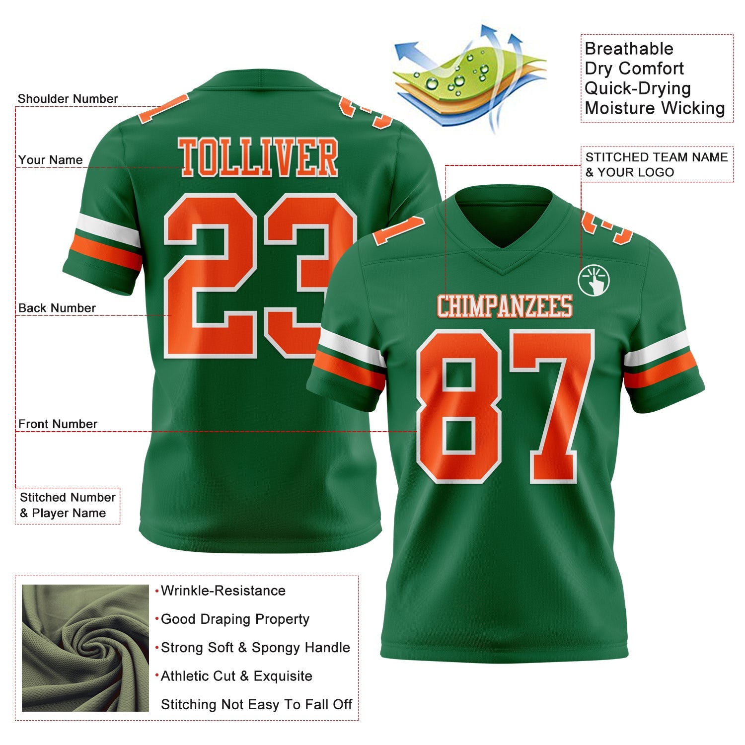 Custom Kelly Green Orange-White Authentic Football Jersey view 3