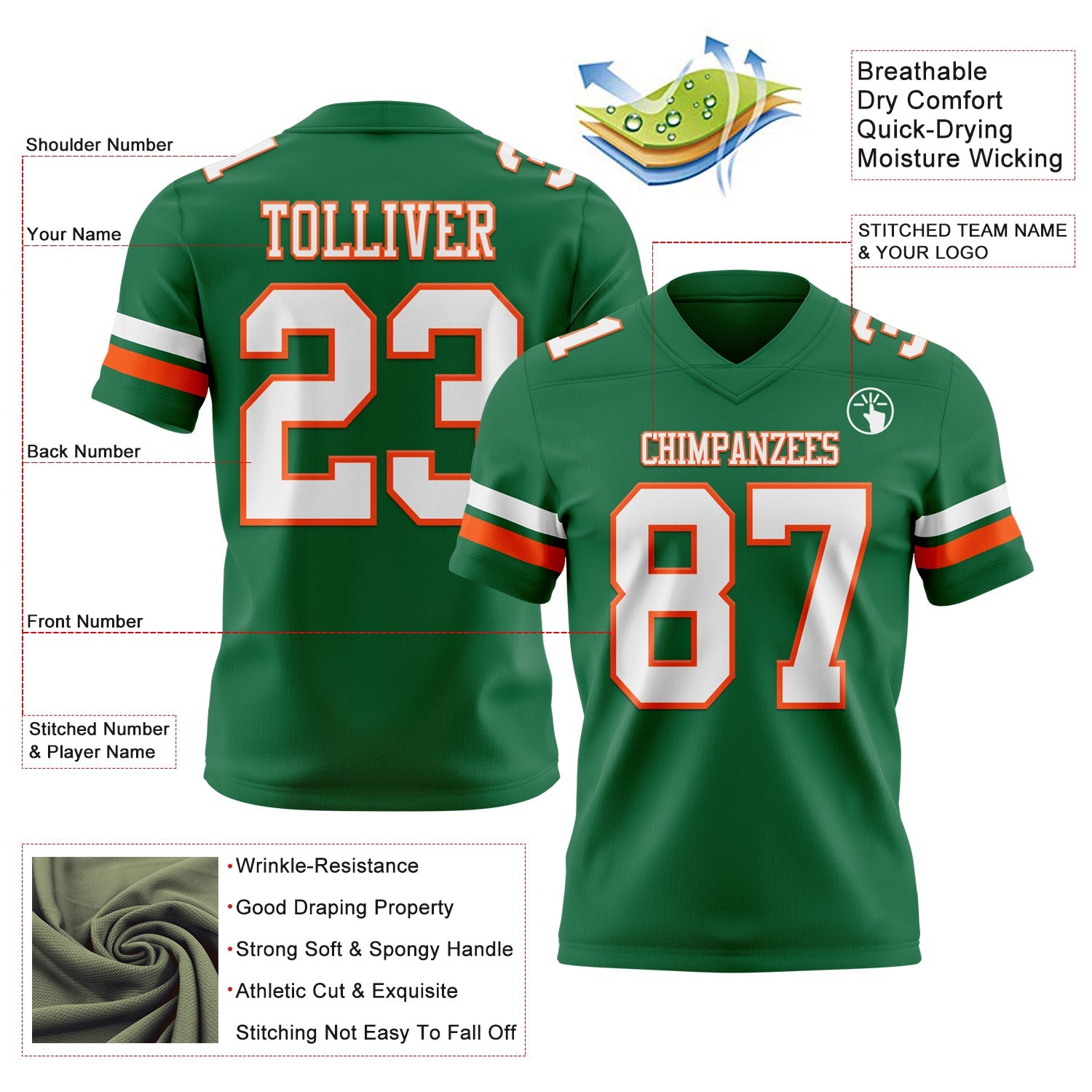 Custom Kelly Green White-Orange Authentic Football Jersey view 3