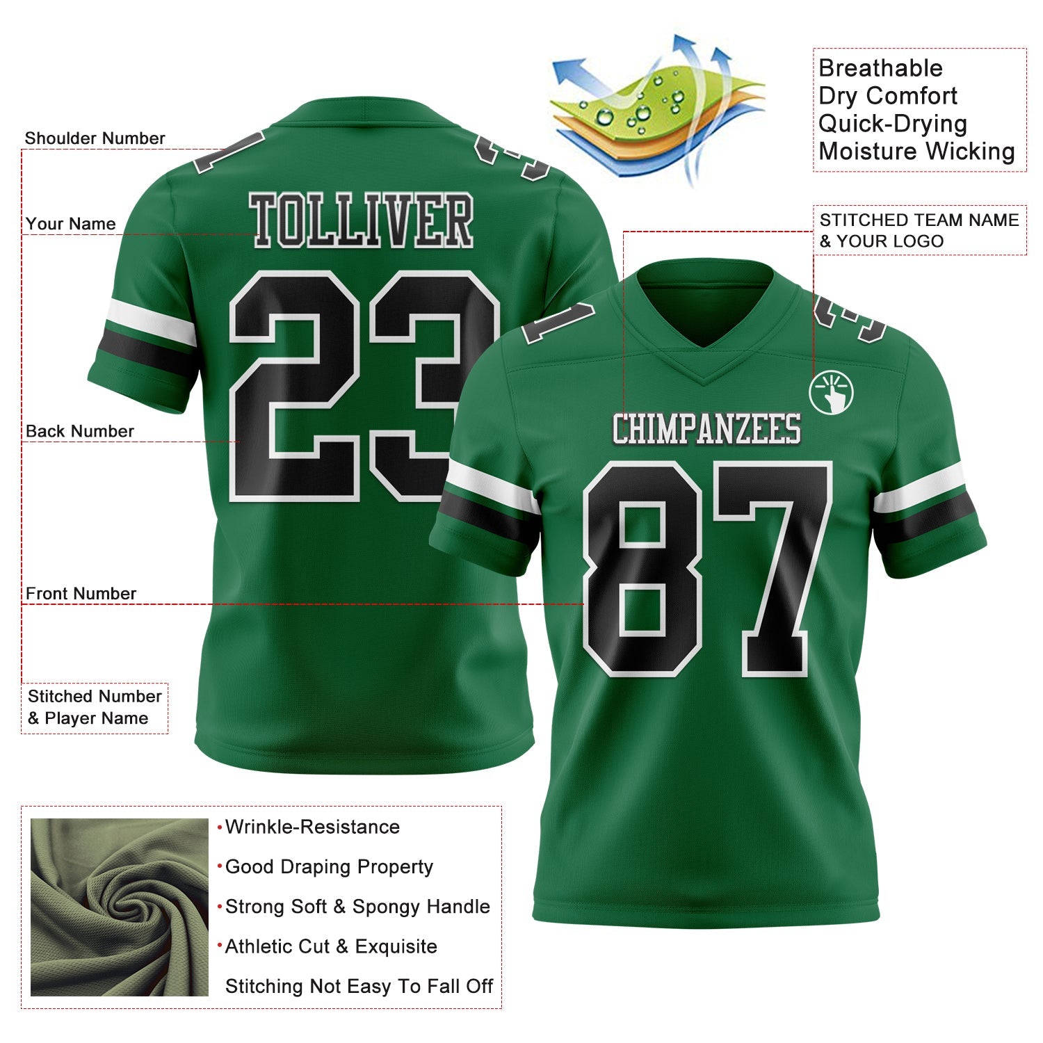Custom Kelly Green Black-White Authentic Football Jersey view 3