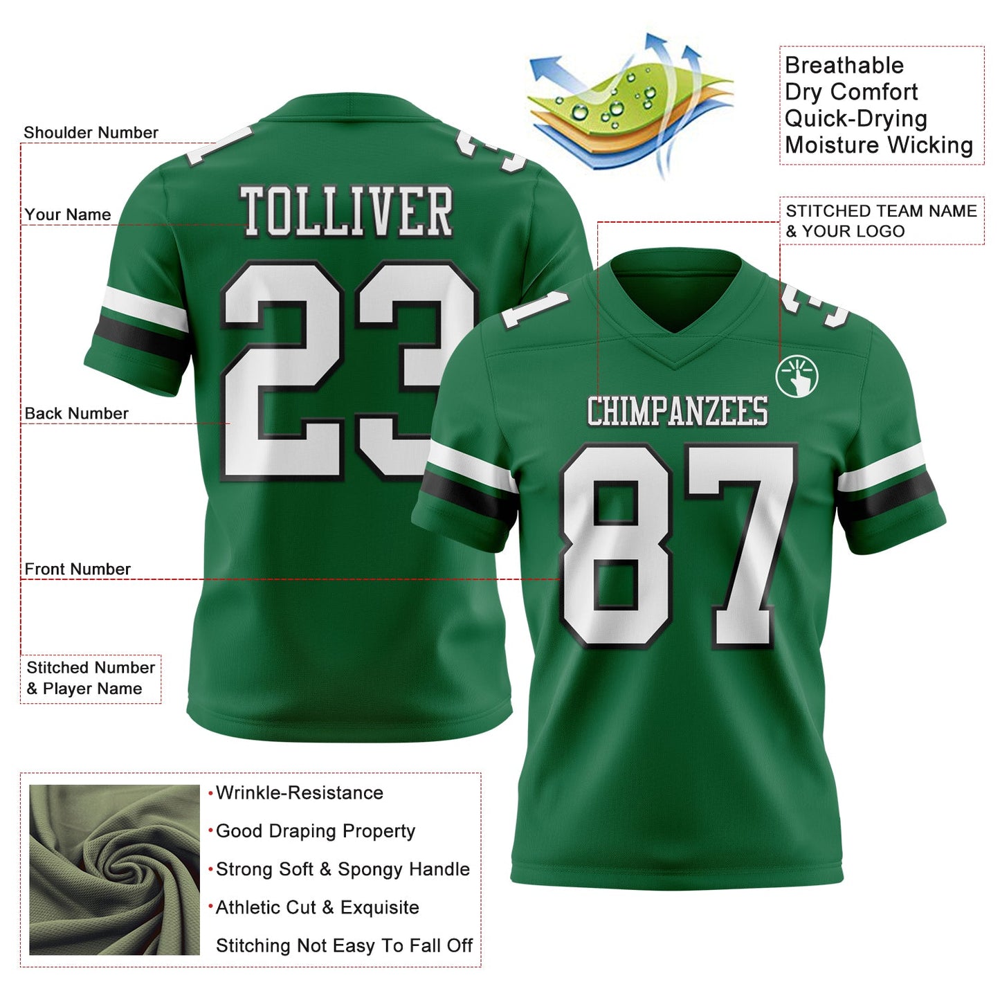 Custom Kelly Green White-Black Authentic Football Jersey view 3