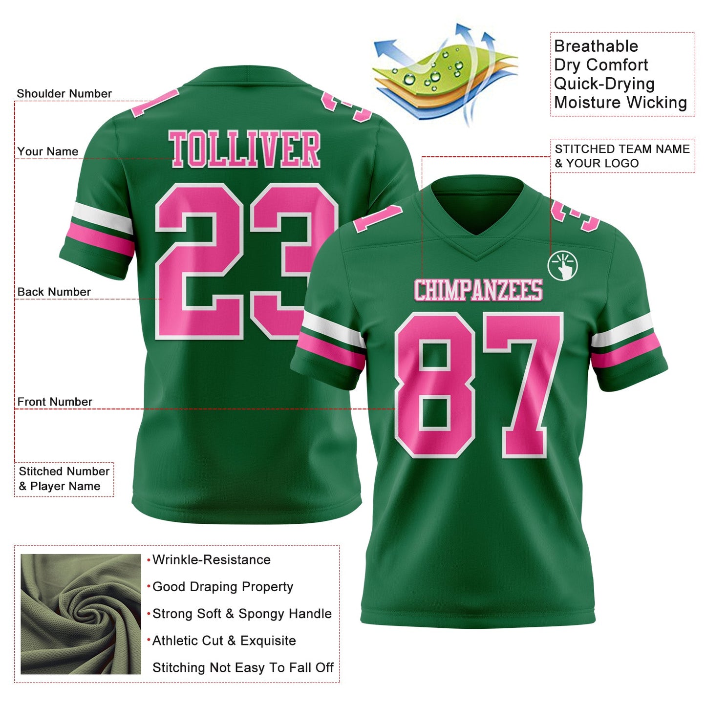Custom Kelly Green Pink-White Authentic Football Jersey view 3