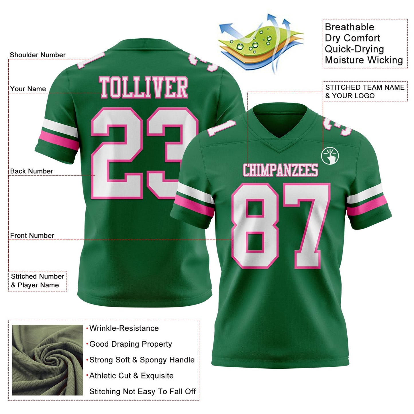 Custom Kelly Green White-Pink Authentic Football Jersey view 3