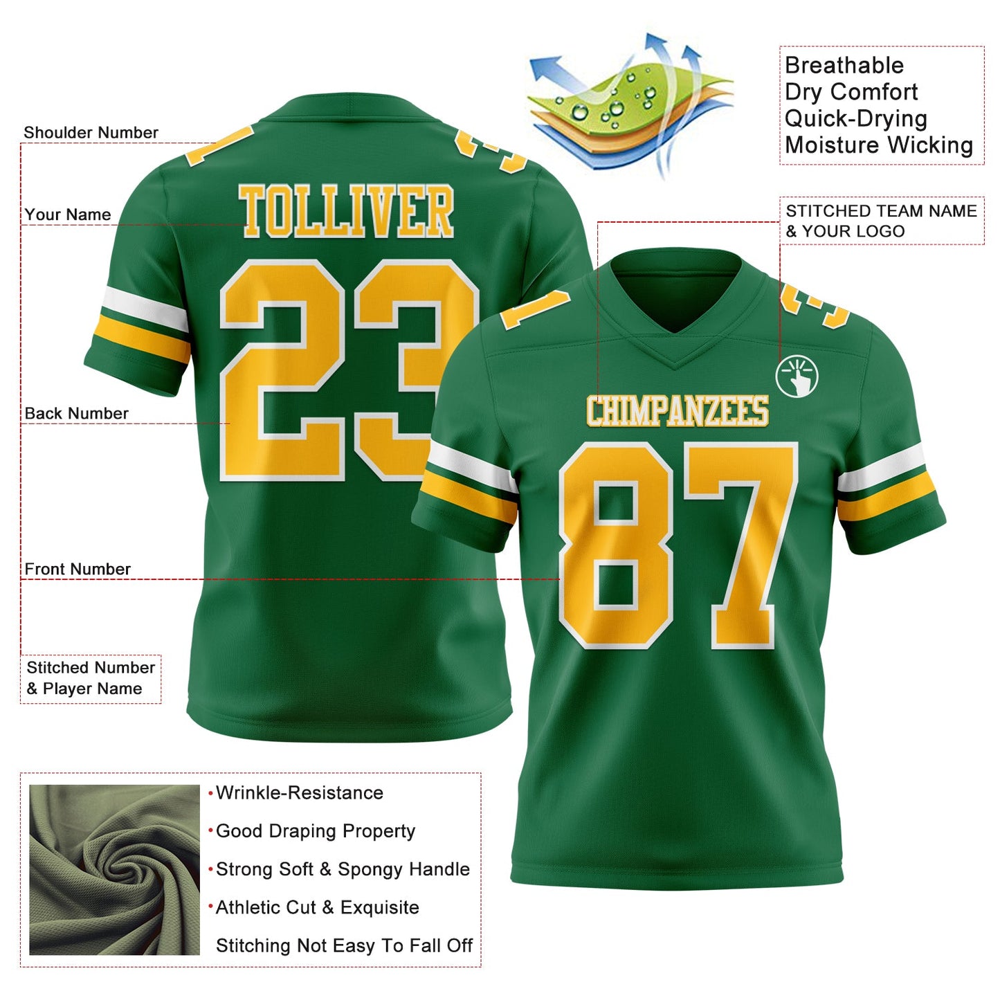 Custom Kelly Green Gold-White Authentic Football Jersey view 3