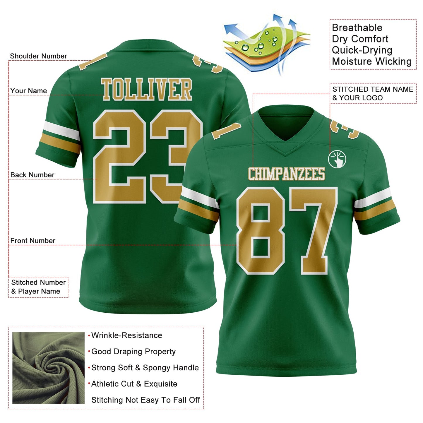 Custom Kelly Green Old Gold-White Authentic Football Jersey view 3