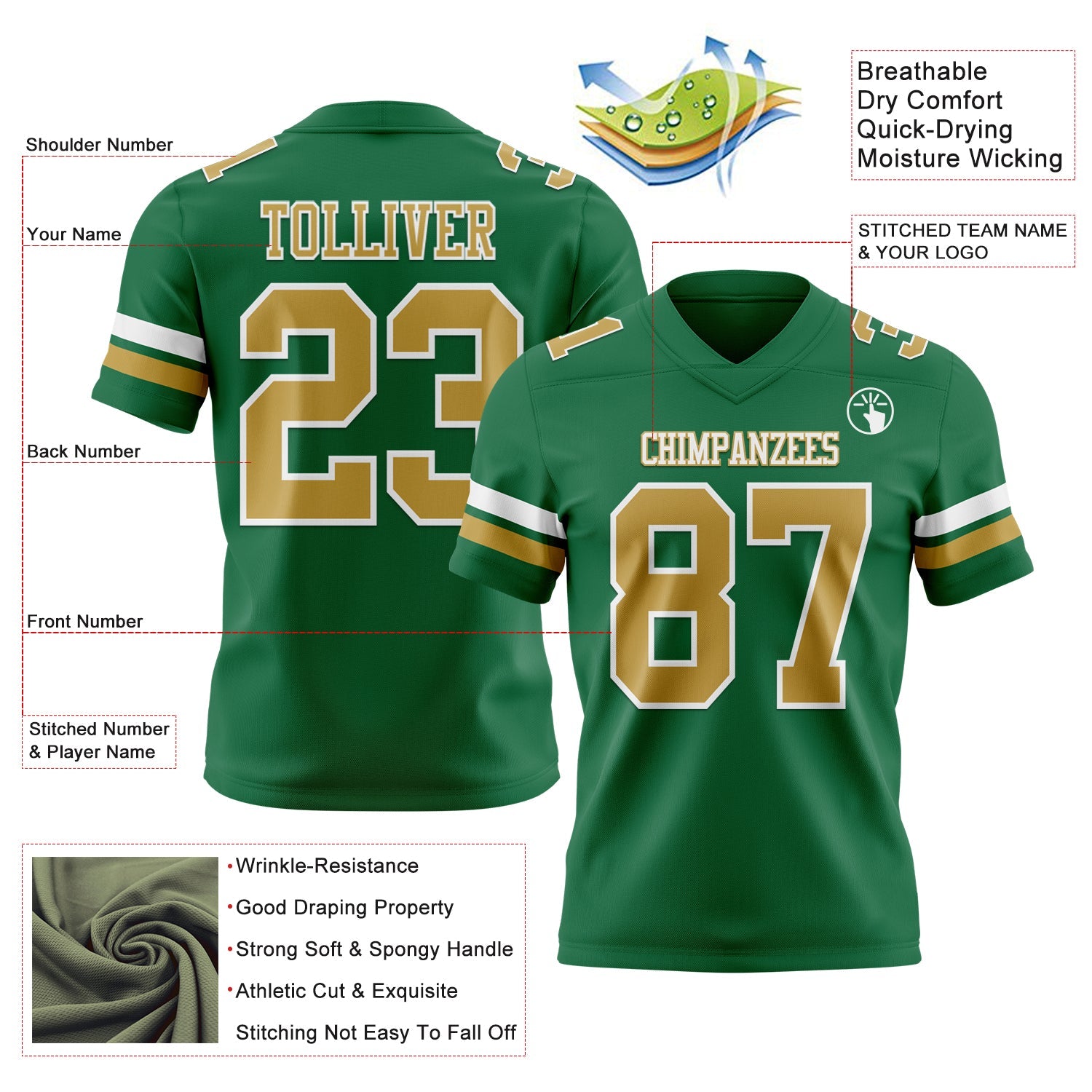 Custom Kelly Green Old Gold-White Authentic Football Jersey view 3