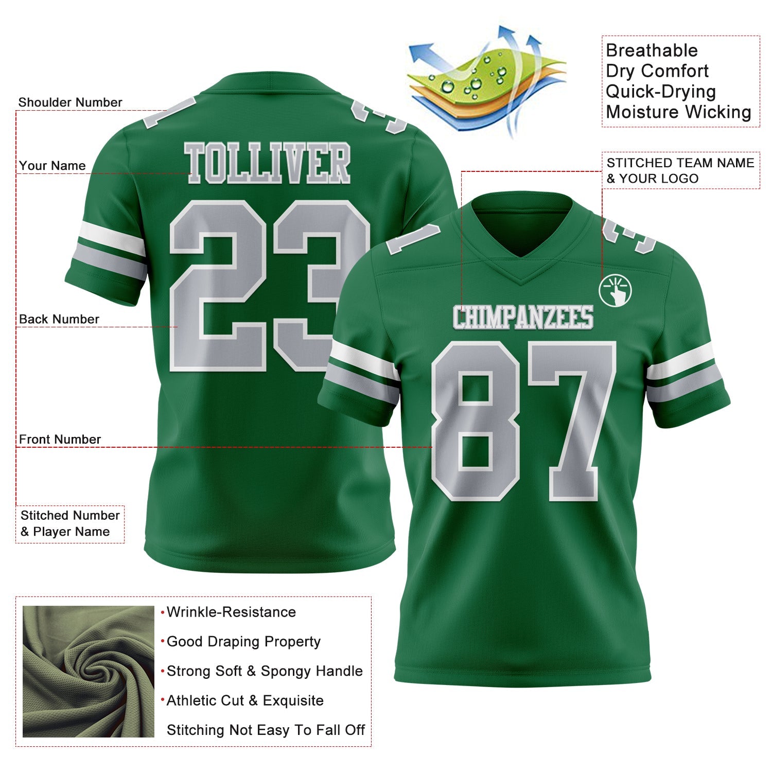 Custom Kelly Green Gray-White Authentic Football Jersey view 3