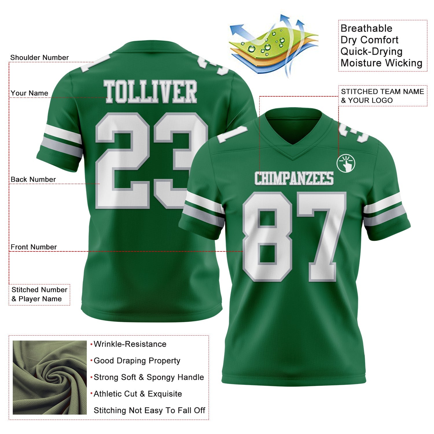 Custom Kelly Green White-Gray Authentic Football Jersey view 3