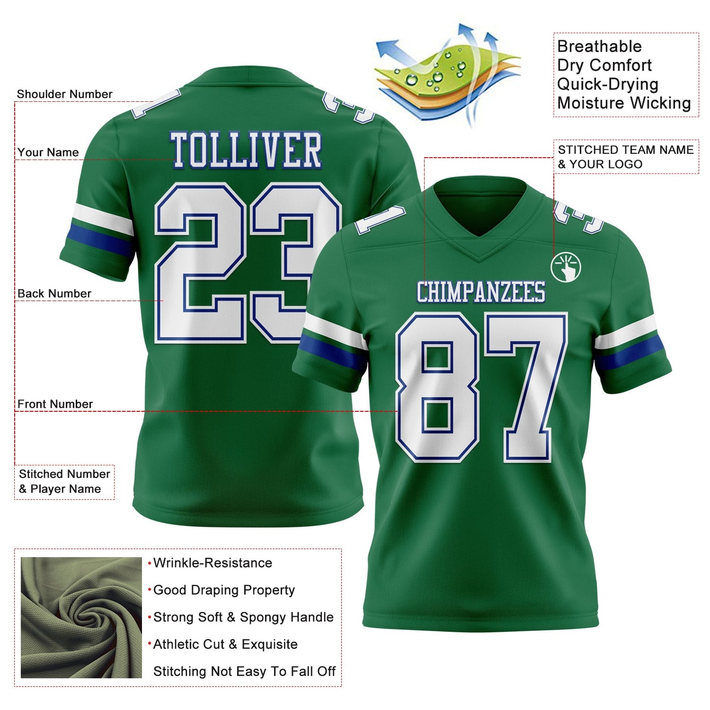 Custom Kelly Green White-Royal Authentic Football Jersey view 3