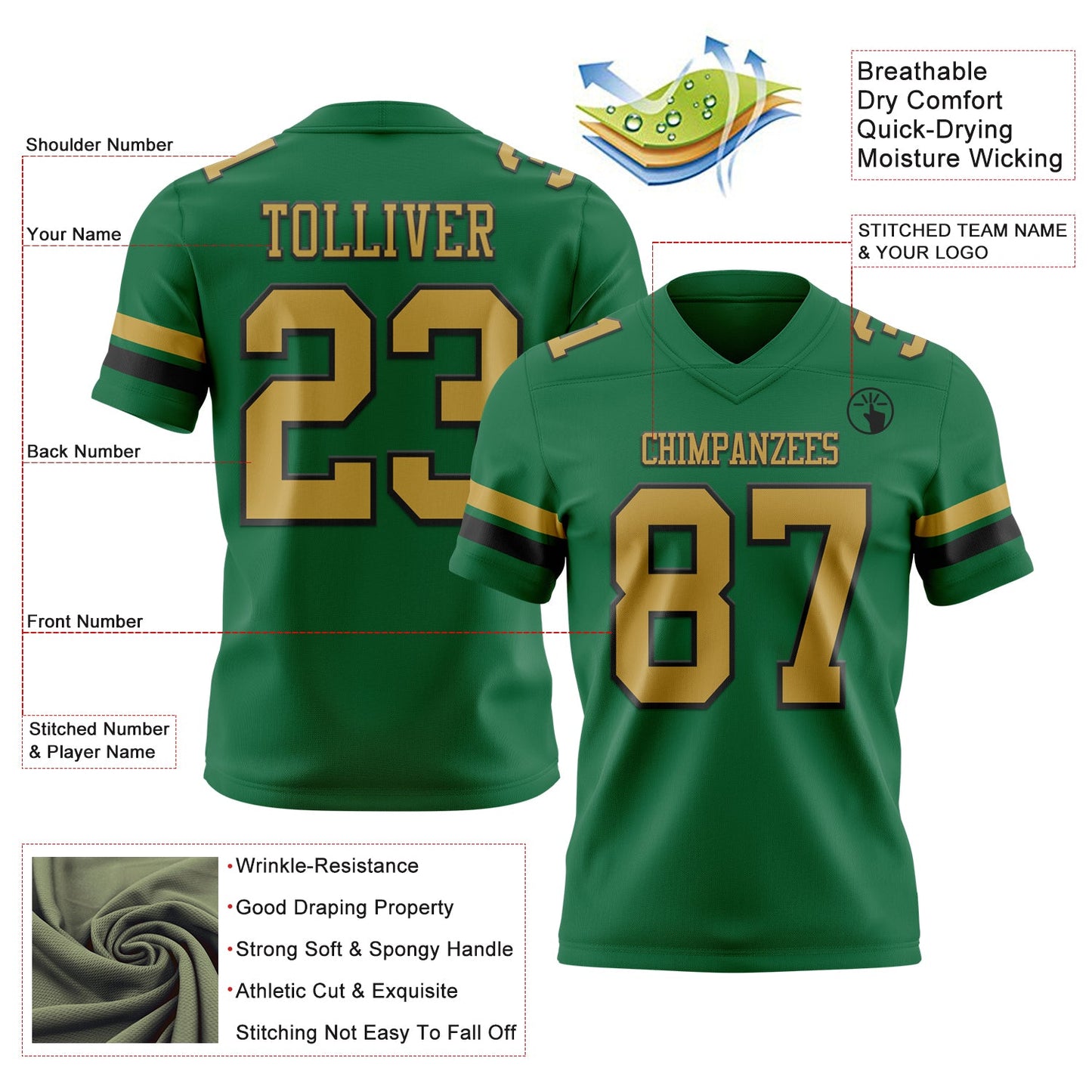 Custom Kelly Green Old Gold-Black Authentic Football Jersey view 3