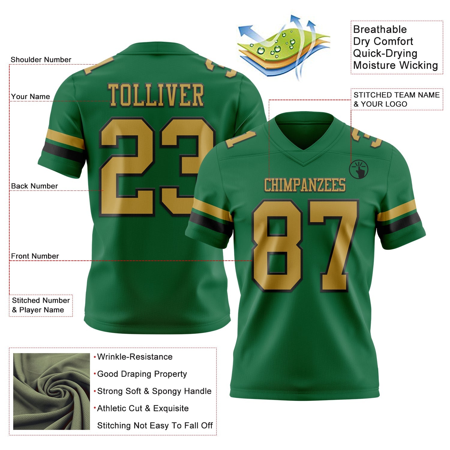 Custom Kelly Green Old Gold-Black Authentic Football Jersey view 3