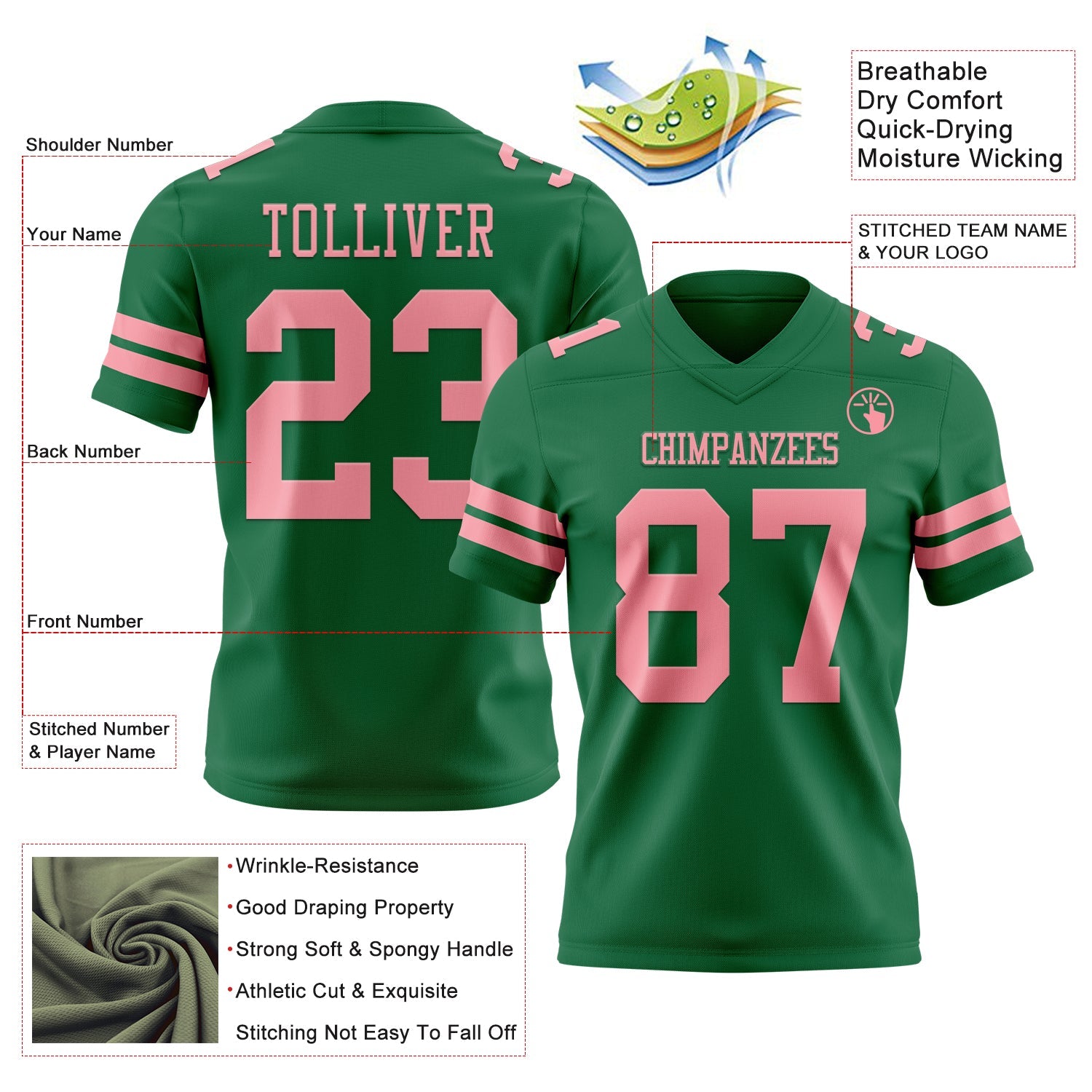 Custom Kelly Green Medium Pink Authentic Football Jersey view 3