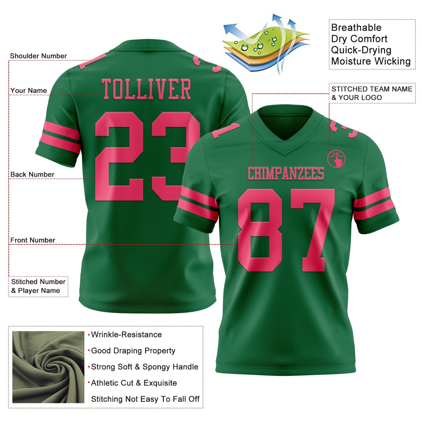 Custom Kelly Green Neon Pink Authentic Football Jersey view 3