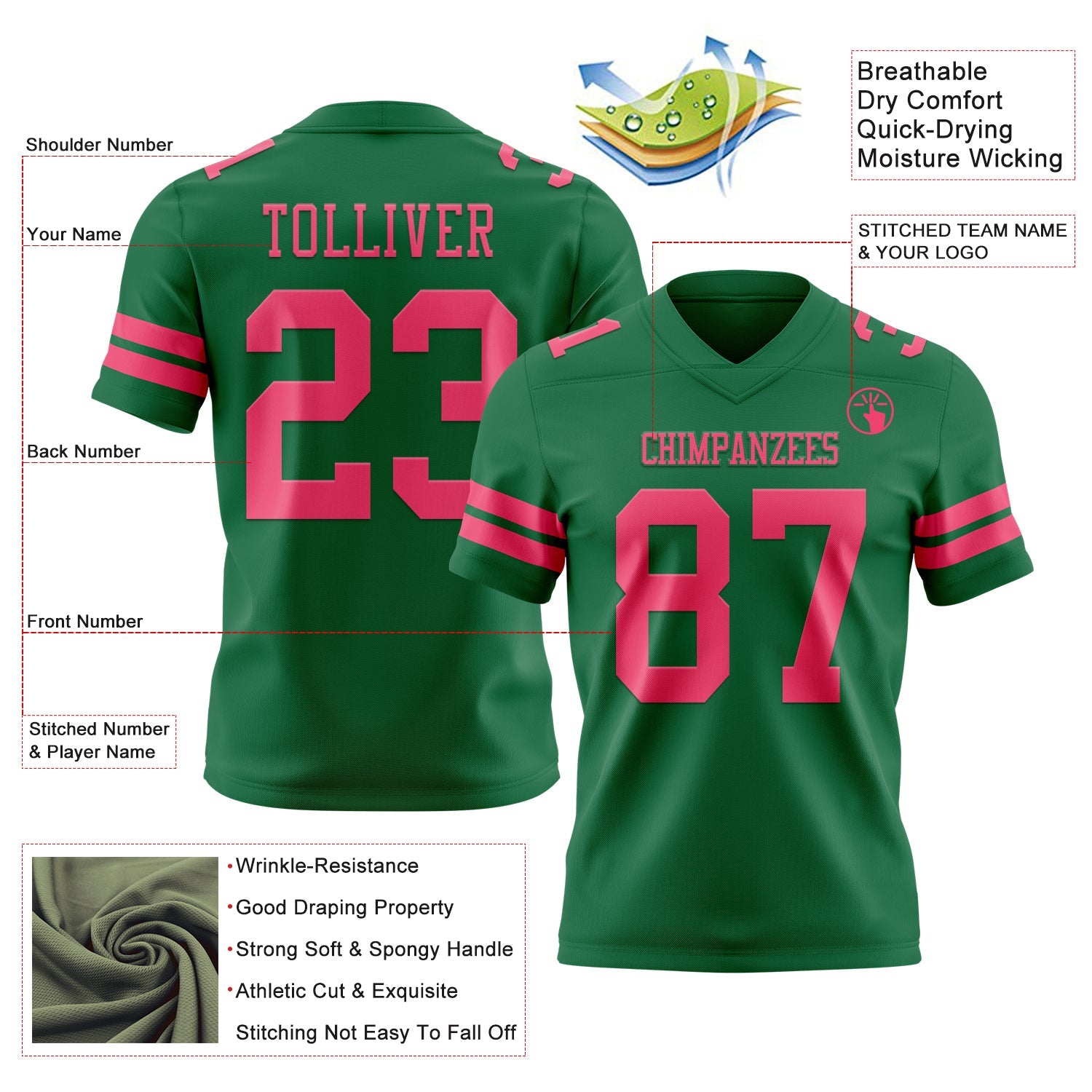 Custom Kelly Green Neon Pink Authentic Football Jersey view 3