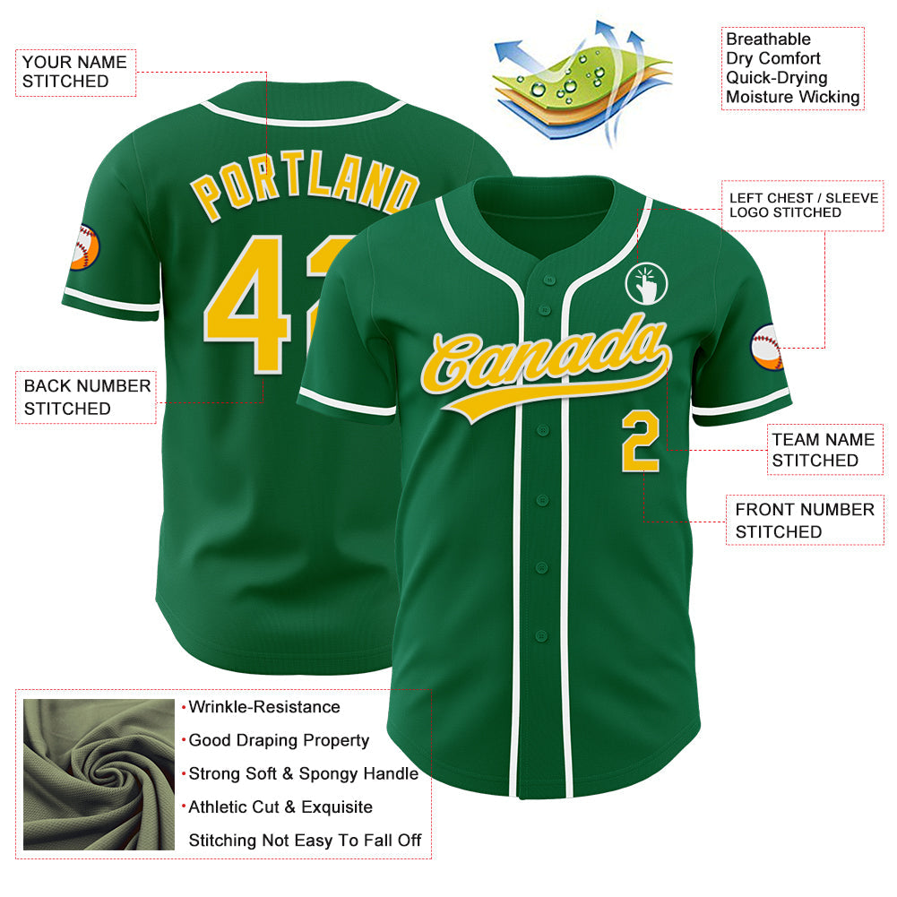 Custom Kelly Green Yellow-White Authentic Baseball Jersey view 3