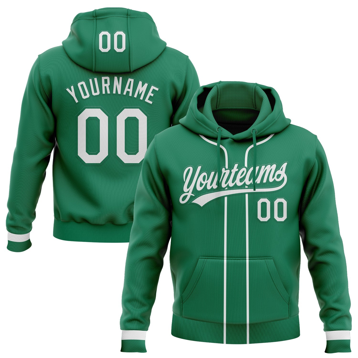 Custom Stitched Kelly Green White Baseball Pullover Sweatshirt Hoodie - Main View