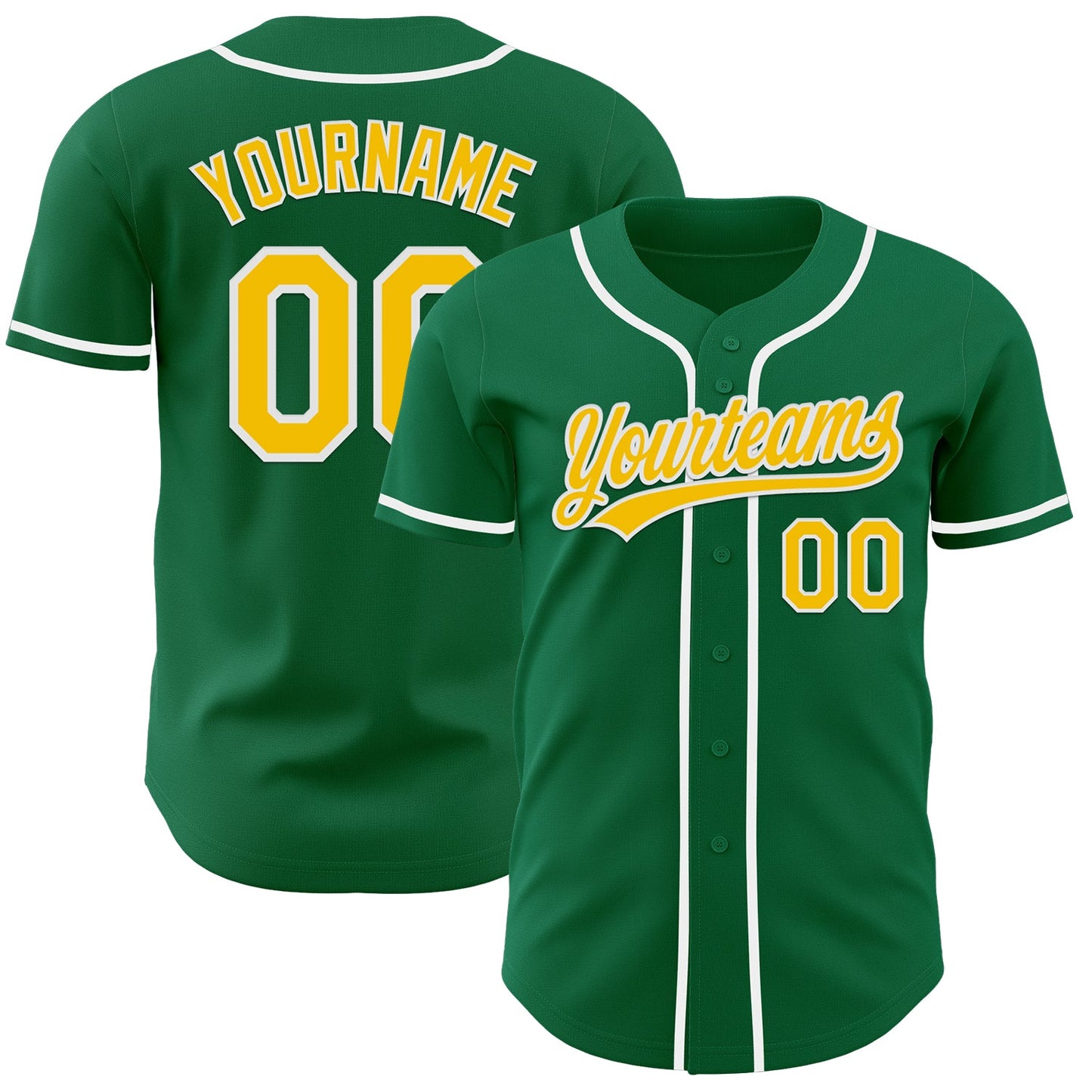 Custom Kelly Green Yellow-White Authentic Baseball Jersey - Main View