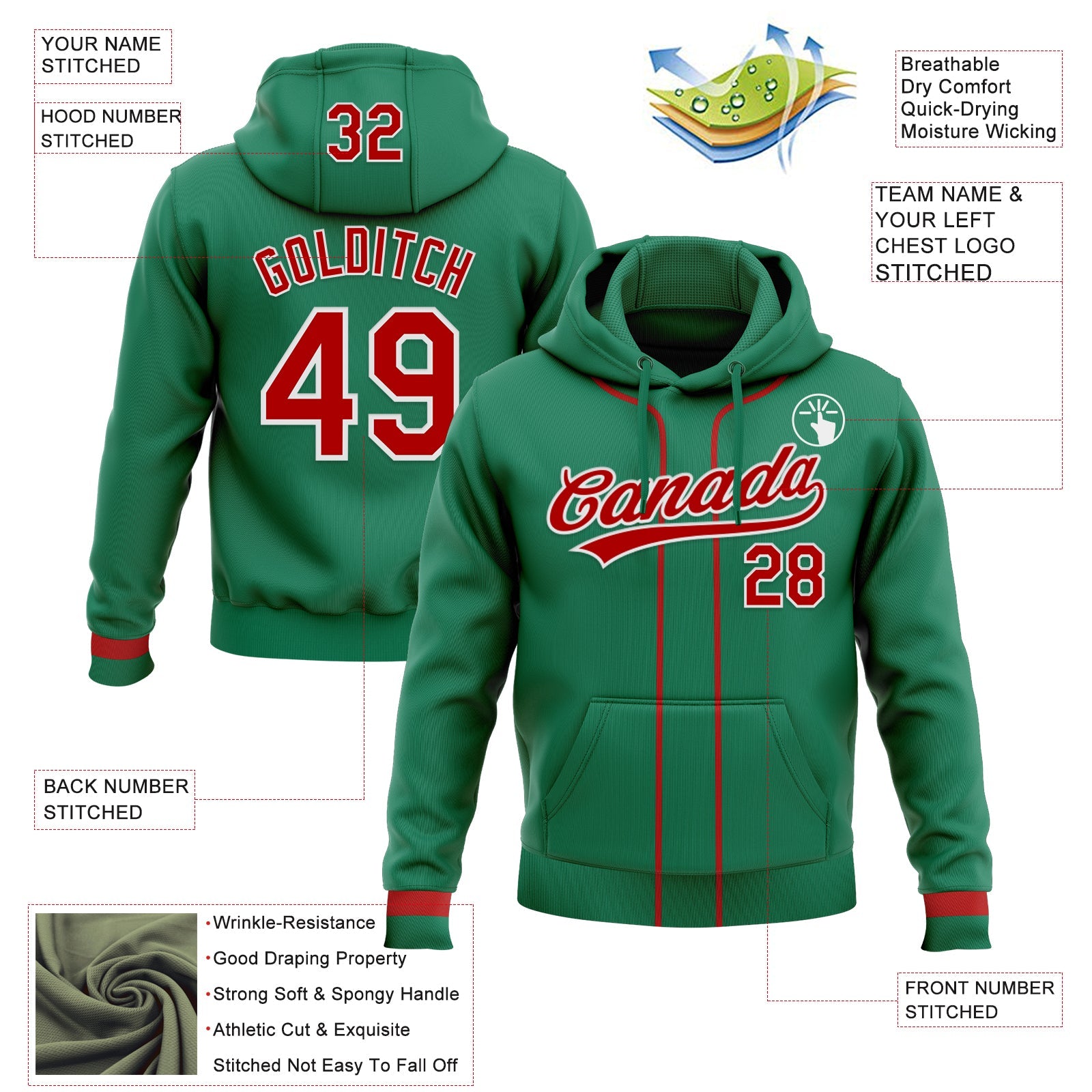 Custom Stitched Kelly Green Red-White Baseball Pullover Sweatshirt Hoodie view 2