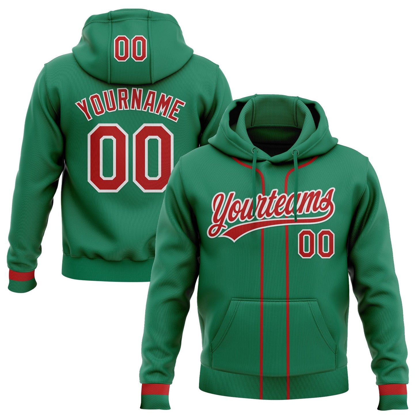 Custom Stitched Kelly Green Red-White Baseball Pullover Sweatshirt Hoodie - Main View