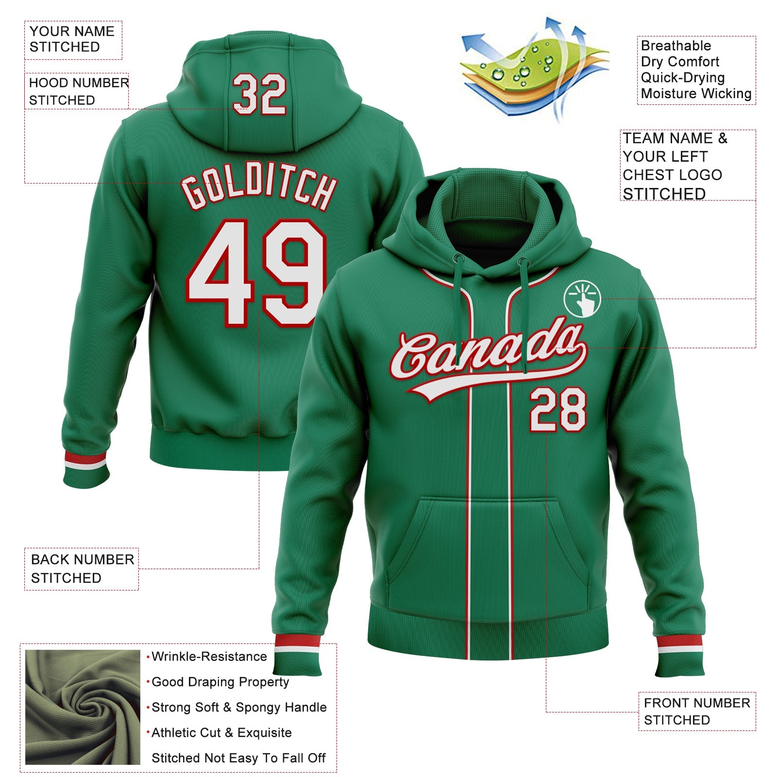 Custom Stitched Kelly Green White-Red Baseball Pullover Sweatshirt Hoodie view 2