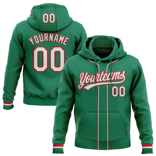 Custom Stitched Kelly Green White-Red Baseball Pullover Sweatshirt Hoodie - Main View