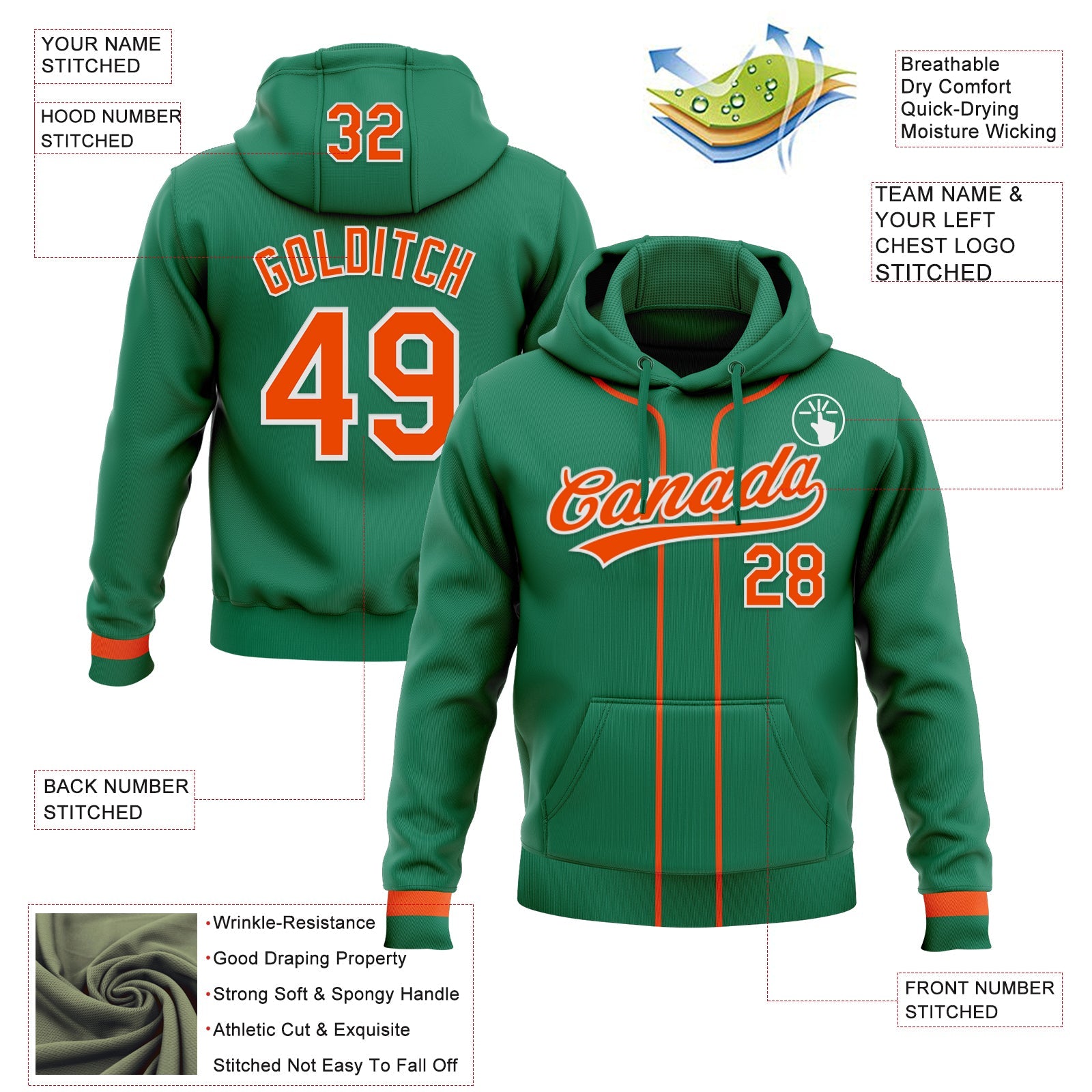 Custom Stitched Kelly Green Orange-White Baseball Pullover Sweatshirt Hoodie view 2