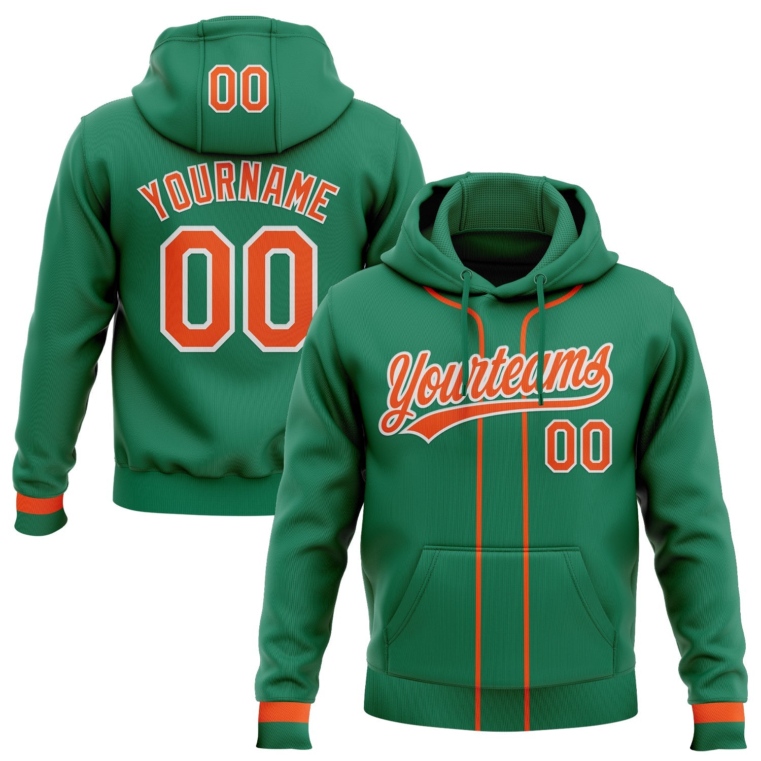 Custom Stitched Kelly Green Orange-White Baseball Pullover Sweatshirt Hoodie - Main View
