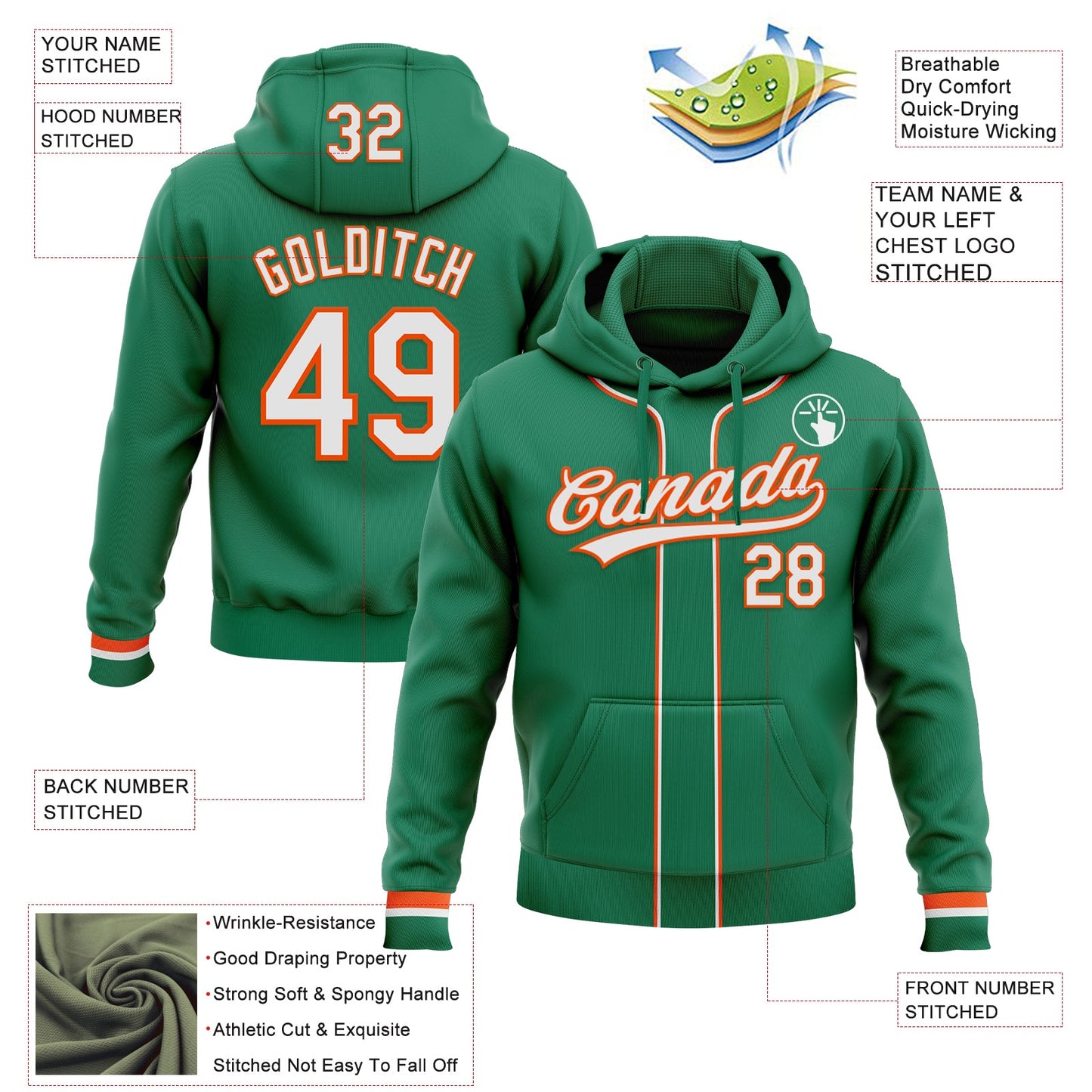 Custom Stitched Kelly Green White-Orange Baseball Pullover Sweatshirt Hoodie view 2