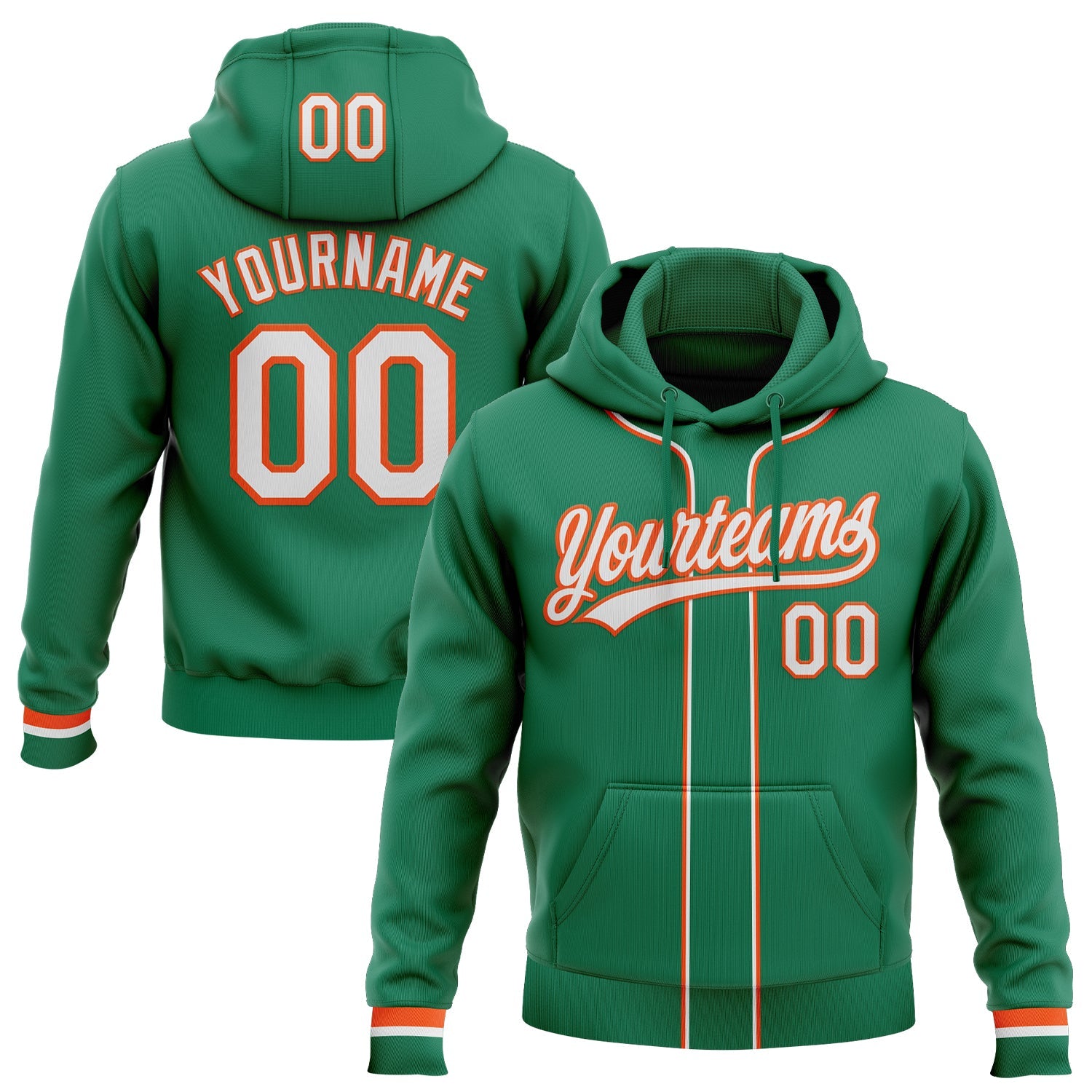 Custom Stitched Kelly Green White-Orange Baseball Pullover Sweatshirt Hoodie - Main View