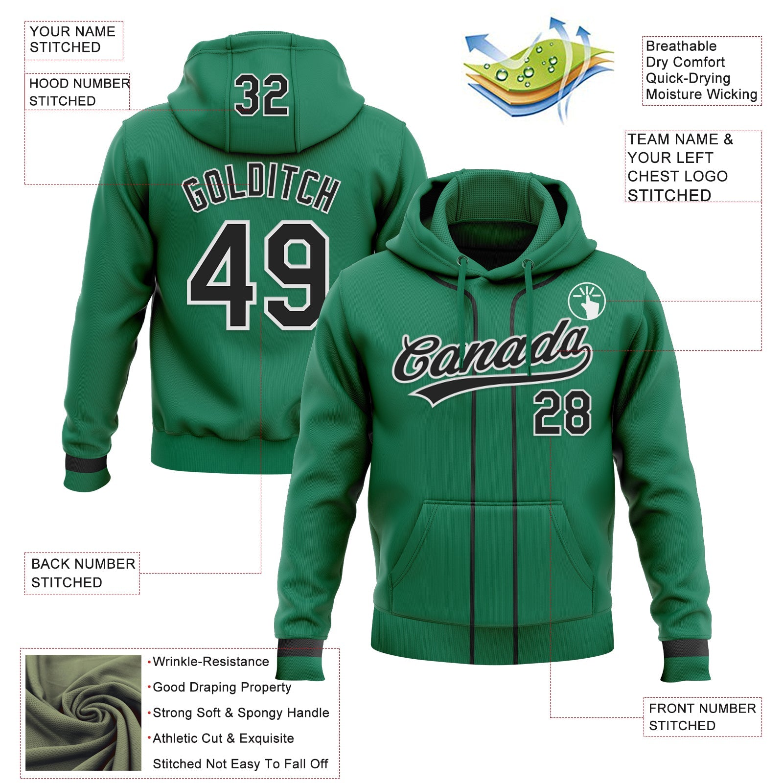 Custom Stitched Kelly Green Black-White Baseball Pullover Sweatshirt Hoodie view 2