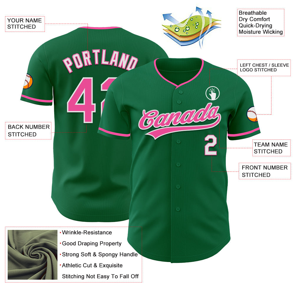 Custom Kelly Green Pink-White Authentic Baseball Jersey view 3